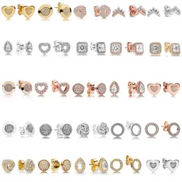 925 Silver Fit Pandora Earrings Crystal Fashion women Jewelry Gift Ear Studs Rose Golden Signature Radiant Teardrop Circular Forever Love Knot