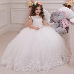 Mädchenkleider Weißes Kinder-Brautjungfernkleid für Mädchen, Blumen-Langarm-Blumenspitze-Tüll, A-Linien-Kleid, Applikationen, Hochzeit