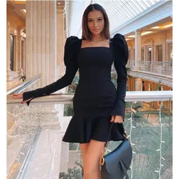 Casual Dresses Women Winter Sexy Long Sleeve Square Collar Black Pleated Mini Bodycon Bandage Dress 2023 Elegant Evening Party Vestidos