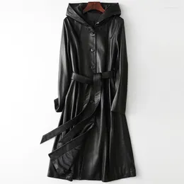 Women's Leather Spring Black Long Sheepskin Coat For Women Simple Hooded Slim Real Fur Jackets Formal Oversize Female Winter Streetwear