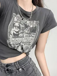 Женские футболки Qweek Vintage Manga Print Графические шорты Женщины Harajuku Gothic Grunge Y2K Slim Skinny футболка Tops bf ins 2023 Лето