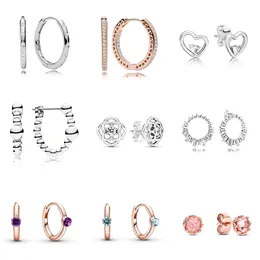 925 Silver Fit Pandora Earrings Crystal Fashion Women 보석 선물 귀 스터드 둥근 하트 DIY Purple Blue Pink CZ Crystal