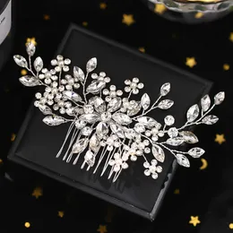 Tiaras Silver Color Handmade Hand Flower Comb Pearl Rhinestone Hairpin Association for Women Bride Hair Jewelry Tiara Gift R230306