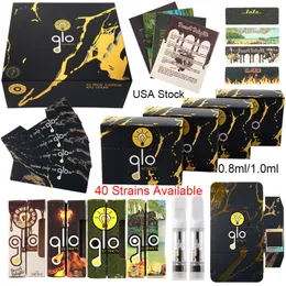 USA Stock 40 Strains Glo Extract Vape Cartridges NFC Sticker Packaging 0.8ml 1ml Atomizers Empty Dab Pens Carts Glass Tank Thick Oil 510 Thread Ceramic Wax Vaporizer