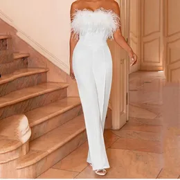 Men's Pants 2023 Spring and Summer New Women's Feather Bra Solid Color Pants Off Shoulder Backless Sexy Jumpsuit T230307