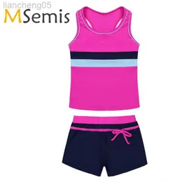 One-Pieces Kids Girls Tankini Swimsuit Gymnastics Leotard Swimwear Tankini Tops with Swim Shorts Bottom Children's Swimming Bathing Suit W0310