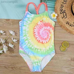 Endelar Tie Dye Girls One Piece Swimsuit Kids 7-16 år Barnens badkläder stickade flickor Baddräkt Monokini Swimming Beachwear 2021 W0310