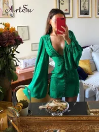 Casual Dresses ArtSu Women's Satin Dresses Green Gold Deep V Neck Botton Lantern Sleeve Mini Dress Sexy Female Party Dresses Club Autumn 60551 Z0216