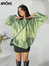 Women's Sweaters Aproms Elegant Green Striped Print Pullovers Women Winter O-Neck Loose Long Sweaters Streetwear Warm Outerwear 230306