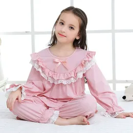 Pijama sonbahar kız pijama seti çocuklar ev kumaş kadın pijama pamuk uzun kollu dantel çocuklar için sevimli prenses retro pijama 230306