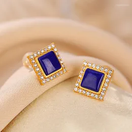 Saplama küpe geezenca 925 STERLING Gümüş Altın Kaplama Lapis Lazuli Zirkon Square Vintage Basit Geometrik Mavi Taş Küçük Küpe