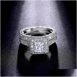 Band Rings Sierplated Diamond Fashion Luxury Couple Square Ring Set Drop Delivery Jewelry Dhh5P