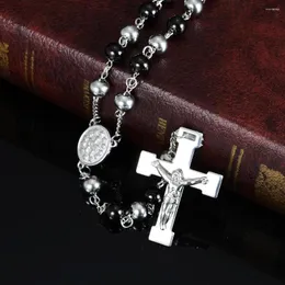 Łańcuchy łańcuch łańcucha koralika różańca krzyżowy naszyjnik ze stali nierdzewnej czarny srebrny kolor Jezus Chrystus urok męski biżuteria