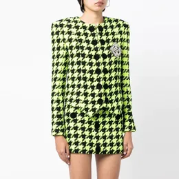 Два платья платье пиджаки наборы Houndstooth Woolen Escent Green Subirt Куртка для женщин 2023 Office Wear Круглая шея набор 230303