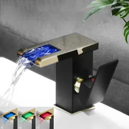Bathroom Sink Faucets LED Basin Faucet Luminous Black Three Colors Change With Temperature Waterfall Cold Water Mixer Tap