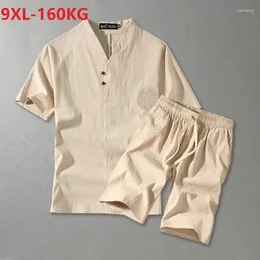 T-shirt da uomo T-shirt da uomo manica corta e pantaloncini Lino Cotone Stile cinese Large Size 7XL 8XL 9XL Ricamo floreale Tang Suit Tees