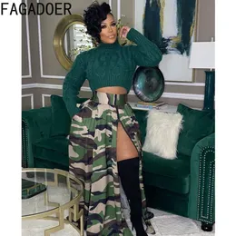 Röcke FAGADOER Mode Camouflage Print Frauen Hohe Taille Seite Schlitz Rock Frühling Casual A-linie Maxi Kleidung Sexy Streetwear 230303