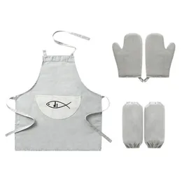 Aprons Set Cotton Linen Apron Kitchen Oven Mitts Cooking Sleeves For Home Restaurant Bakery Use (Greyish White)