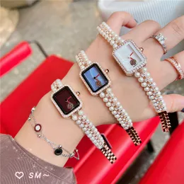 Relógios de pulso de marca completa da moda, mulheres, meninas, retangular, cristal, pérola, estilo, luxo, aço inoxidável, metal, quartzo, relógio, CH 95