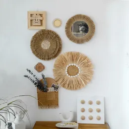 Wall Stickers Nordic Style Straw Mirror Southeast Asia Decorative Round Hanging Coffee Color Bohemian ations 230307