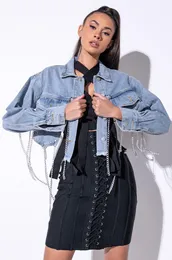 Women's Jackets Donsignet Fashion Denim Jacket Casual Lapel Single Breasted Solid Color Pocket Sexy Hollow Chain Shawl