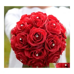 Wedding Flowers Bridal Red Rose Bukiet romantyczna panna młoda sztuczna bukiety dekoracja domu z kryształową imprezą dostawy