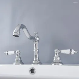 Banyo Lavabo muslukları cilalı krom musluk yaygın 3pcs seramik kollar havza 3 delikli mikser musluk nnf974