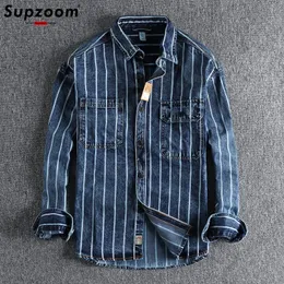 Męskie koszulki Supzoom Przyjazd Najlepsze modne marka odzież dżinsowa pełna odrzucona kołnierz otwarty ścieg Striped Men Chemise 230306