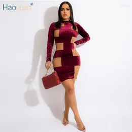 Casual Dresses HAOYUAN Samt Mesh Sheer Bodycon Kleid Langarm Patchwork Geburtstag Party Outfits Für Frauen Sexy Club Abend Mini