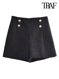 Damskie spodenki Traf Fashion Front Metal Buttons Tweed Shorts Vintage High Talle Side zamek błyskawiczny Krótkie spodnie Mujer 230306