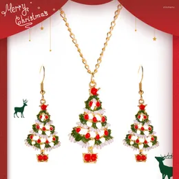 Halskette Ohrringe Set niedlich rot grün Emaille Cartoon Weihnachtsbaum Schmuck für Frauen Mädchen Goldkette Anhänger und Tropfen Festival