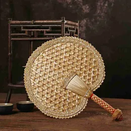 1pcs Hand-Woven Woven Straw Hand Fan Old Summer Natural Environmentally Friendly Hand-Woven Fan Decorative Round Fan