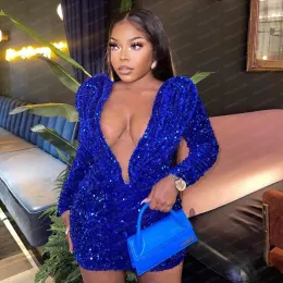 Kraliyet Blue Glitter Kısa Kokteyl Prom Elbiseler Derin V Boyun Sapırları Işıltılı Kadınlar Mini Zarif Akşam Partisi Gowns Özel Made Plus Boyut 2023