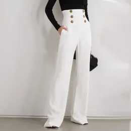 Kadın pantolon s Harleyfashion moda kadınlar yaz zarif empaire bel düğmeleri tam uzunluk katı gündelik beyaz geniş bacak 230306
