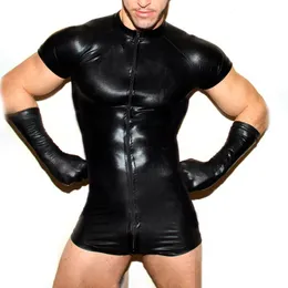 Sexig set mens pu läder bodysuit med dragkedja trosor man jumpsuit klubbkläder leotard exotiska underkläder gay clubw 230307