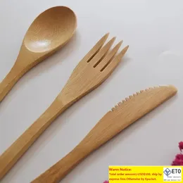 Natural Bamboo Cutlery Set Bambu Knife Fork Spoon Modervist Uppsättning Tygpåse Förpackning Travel Portable Flatware Student Tabeller