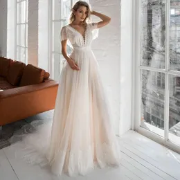 Wedding Dress Other Dresses For Women 2023 Lace Appliques V-neck Cap Sleeves Backless Tulle Sweep Train Beach Bridal Gowns Vestidos De