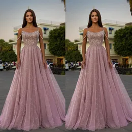 Vestidos de baile rosa vestidos de baile sem mangas bateau spaghetti apliques spark lantejas de celebridades vestidos de noite de célebridade vestidos de noiva Plus Tamanho