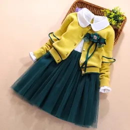 衣類セット子供セット春秋の冬の女の子長袖カーディガンセーターコートドレス2PCSスーツガール服35 9 11YEAR 230307