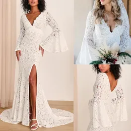 Bohemian Beach Lace A Line Wedding Dresses V Neck Lace Bridal Gowns Sweep Train Puffy Sleeves Boho Gown Lace Dress Robe de Plus Size
