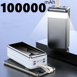 Power Bank 100000mAh Caricatore portatile Cavi integrati 4 USB LED Poverbank Batteria esterna Powerbank 80000 mAh Per iPhone Xiaomi Samsung Huawei