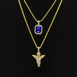 Mens Hip Hop Jewelry sets Mini Square Ruby Sapphire Full crystal Diamond Angel wings pendant Gold chain necklaces For male Hiphop 290P