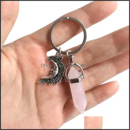 Portachiavi Cordini Lega Crescent Moon Charms Portachiavi Pietra naturale Colonna esagonale Coppia Portachiavi Donna Quarzo rosa Portachiavi Dhbfl