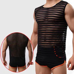 Undershirts Men Undershirt Sexy See Through Gay Tank Tops Underwear Stripe Transparent Mesh Shirts Regata Masculina