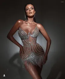 Vestidos casuais verão luxo sexy strass vestido de noite roupas femininas cristais de prata curto borla elegante celebridade designer de moda