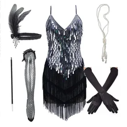 Röcke Damen 1920er Jahre schwarze Pailletten Perlen Fransen Gatsby Thema Roaing Arc Hochzeit Party Flapper Quaste Kleid mit Accessoires Set 230306