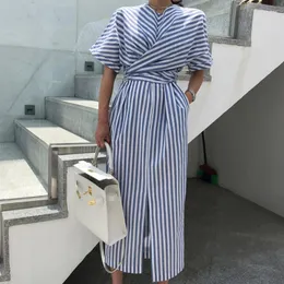 Party Dresses Korean Women Summer Cotton Blue Striped Bandage Split Long Dress Female Bodycon Plus Size Vestido Robe Femme Sukienki