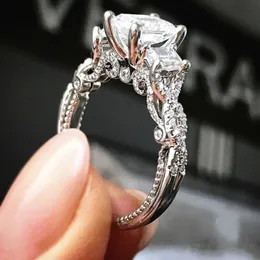 Nu 925 Sterling Silver Engagement Wedding Bride Jewelry Luxury 2ct Princess-Cut Square Diamond Ring Women Three Side Stone CZ Ring