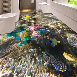 3D Flooring Waterproof Wallpaper For Bathroom Seabed coral tropical fish 3D Floor Painting Self-adhesive Wallpaper265P
