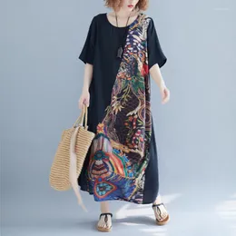 الفساتين غير الرسمية 2023 على الطراز العرقي فستان صيفي للنساء ملابس عتيقة خياطة طباعة كبيرة الحجم قصير الأكمام G52